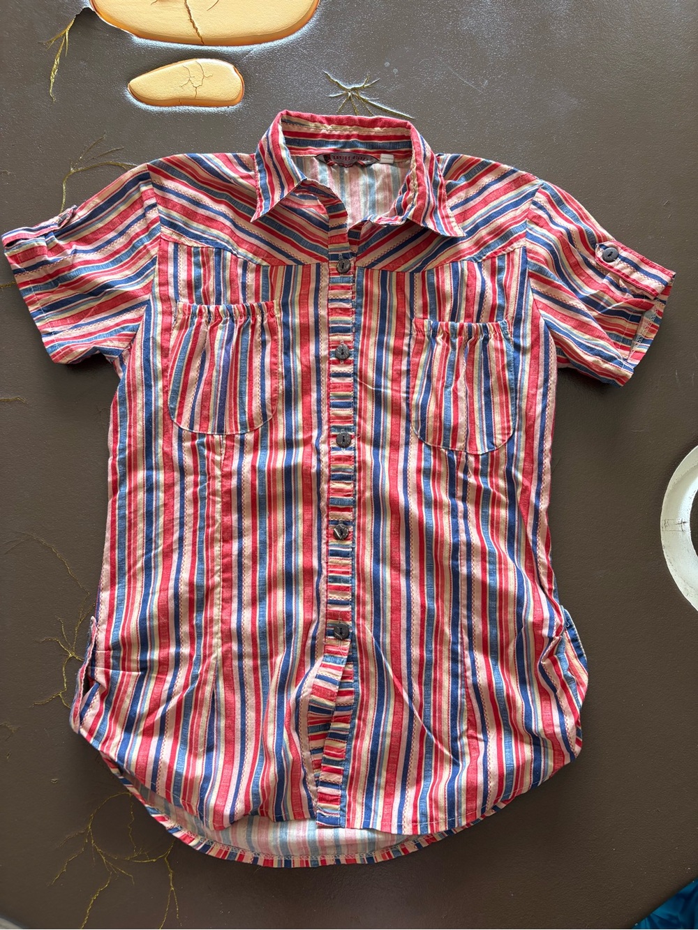 Striped Short-Sleeve Button-Up Blouse in Red, White & Blue